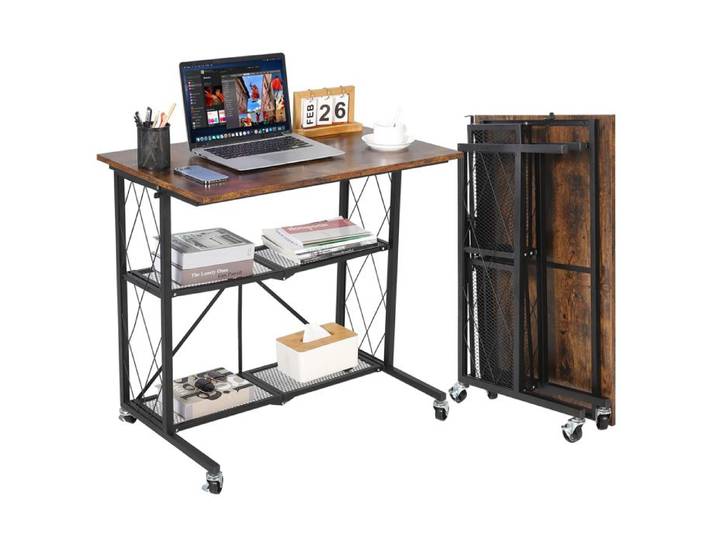 Bureau d'ordinateur pliable mobile 3 niveaux Sans montage Étagères robustes Gain de place 80 cm Idéal bureau salon marron