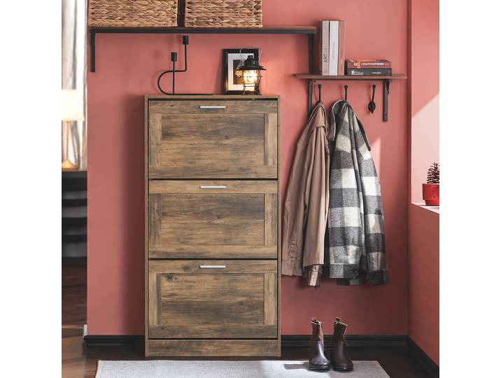 SoBuy FSR137-L armoire à chaussures, étagère à chaussures, meuble de rangement pour chaussures avec 3 battants, range-chaussures étroit, commode compacte, dimensions L/H/P environ 60x115x23cm