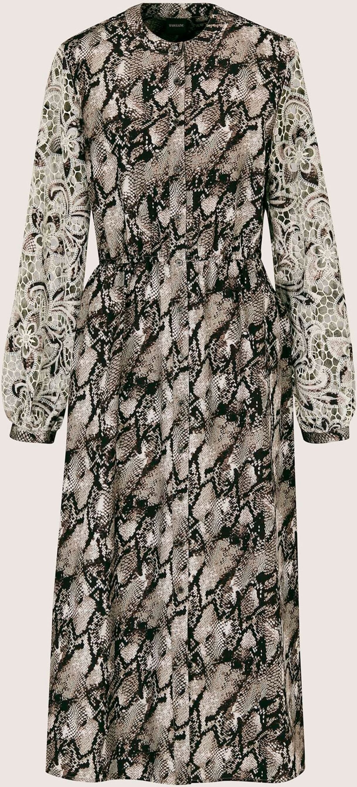 Midikleid MADELEINE "Kleid Kleid mit Schlangen-Druck", Damen, Gr. 38, wollweiß, cappuccino, multicolor, Modern, A-Linie, Rundhals, Kleider Midikleid