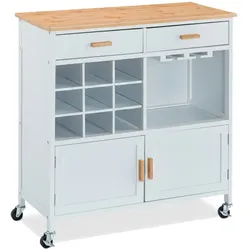 Relaxdays Küchenwagen, HxBxT: 88,5 x 86 x 41 cm, Arbeitsplatte, Weinregal, Gläserhalter, Küchenschrank mit Rollen, weiß