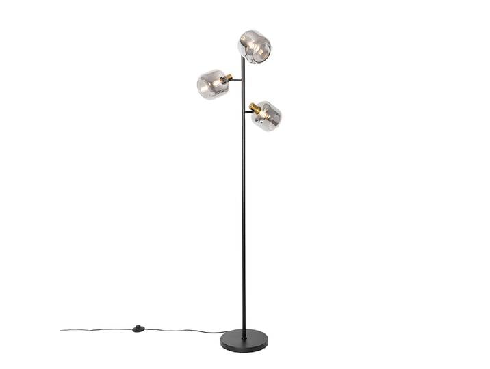 Lampadaire intelligent noir avec verre doré et fumé 3 lumières