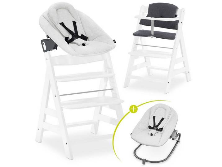 Hauck Hochstuhl Alpha Plus Newborn Set - White, Holz Babyhochstuhl ab Geburt inkl. Neugeborenen Aufsatz & Sitzpolster