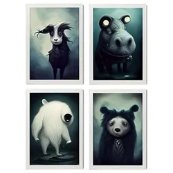 POSTER Set mit 4 Grässlich Tier im T Burton Goth Stil A3 Weißer Rahmen