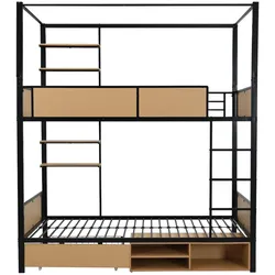 MODFU Etagenbett Metall & MDF Schwarz/Natur 90x200 cm mit Stauraum, Ablageflächen und Vorrichtung für Bettvorhang