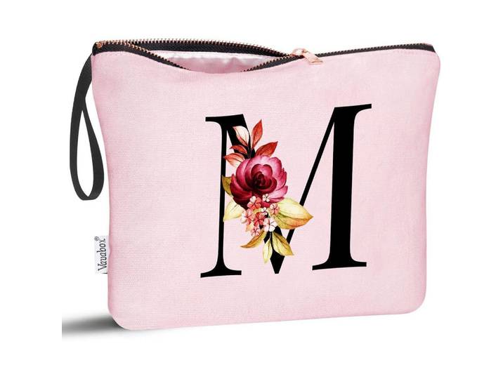 Kulturbeutel mit Initialen M, Pink, Baumwolle, Rosa, 5x16x24 cm, Badaccessoires, Kosmetikdosen