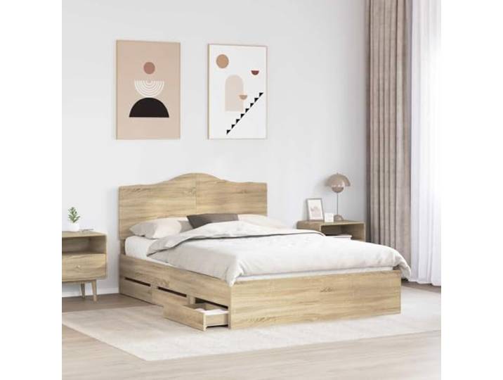 SKTQYQO Bettgestell mit Schublade Eiche Sonoma 150 x 200 cm Technisches Holz, modernes Design, klare Linien, integrierter Behälter, zeitgenössisches Zimmer