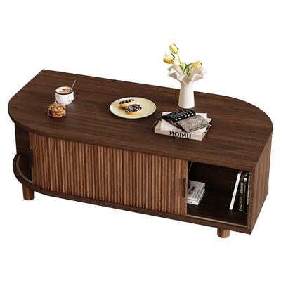 Merax Couchtisch 100 x 50 cm mit 2 Schiebetüren, Stauraum, vertikaler Rillenoptik und Holzbeinen, Walnussholzoptik