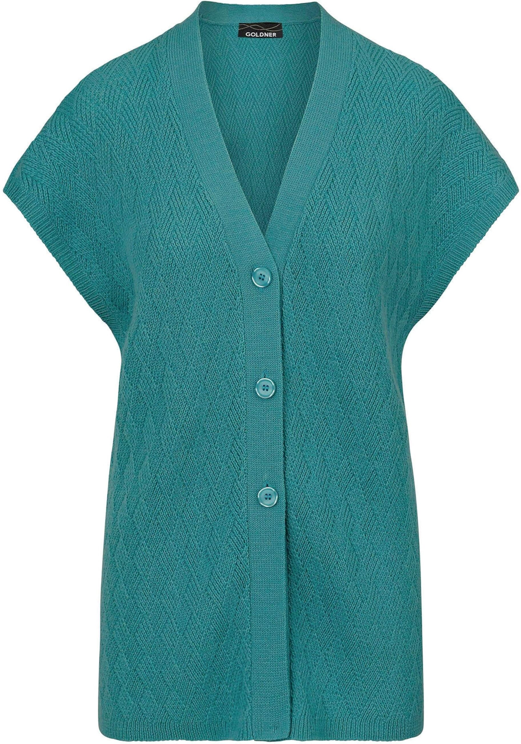 Strickjacke GOLDNER "Strickweste mit Rautenmuster", Damen, Gr. 48, blau (türkis), Obermaterial: 70% Polyacryl PAN. 30% Schurwolle WV., figurumspielend, V-Ausschnitt, Rippbündchen, Strickjacken Strickjacke, seitliche Schlitzer