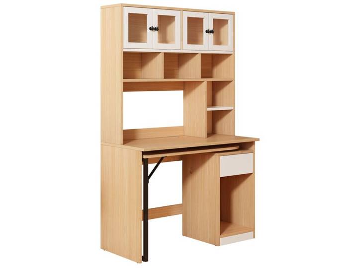 Bureau Ordinateur blanc naturel 110x55x180 cm - Bureau étagère & table de travail multifonction - Espace rangement optimal