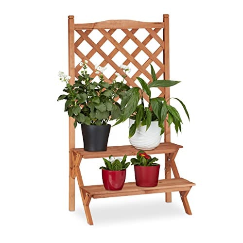 Relaxdays Plantentrap met rankhulp van onbewerkt dennenhout, 2 treden, bruin, H x B x D: 110 x 61 x 40 cm