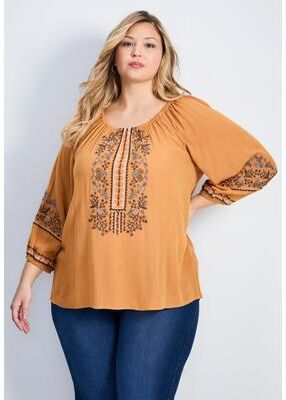 Plus Size Women's Anna Embroidery Detail Top by Avenue in Amber (Size 26/28)