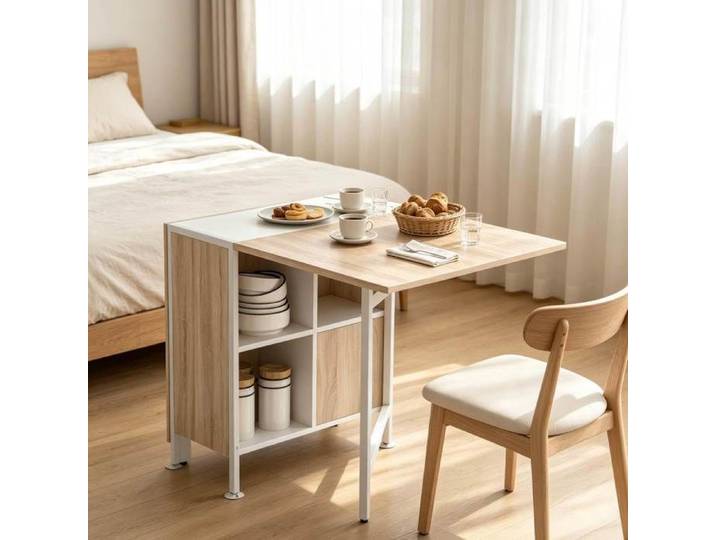 VUENOR Table extensible pliante 170 x 60 x 75 cm blanc et chêne clair rangements intégrés