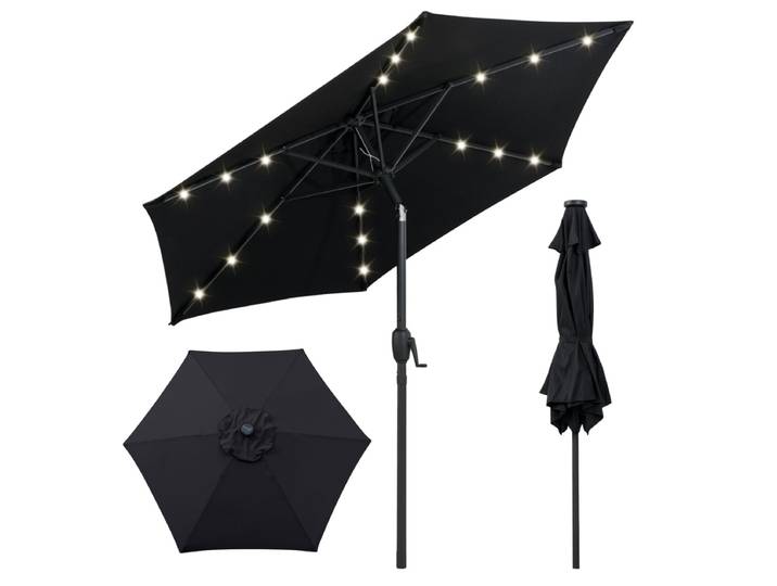 230 cm Zonnescherm op Zonne-Energie voor Terras Stevig Zonnescherm met LED-Verlichting Kantelknop Zwengel Geventileerd Zonnescherm-Zwart