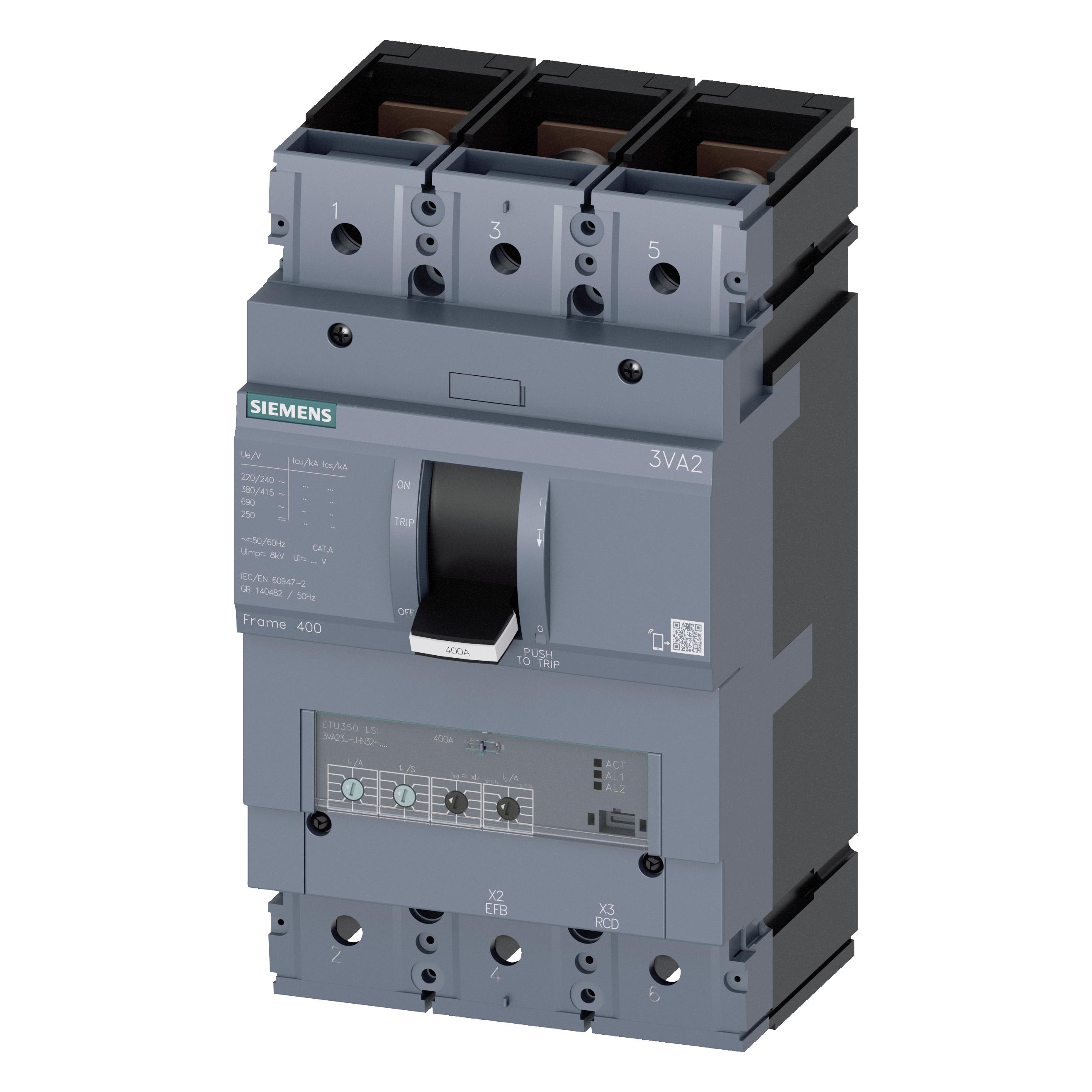 Siemens Maximaler Leitungsschutzschalter 3VA2 IEC Grösse 400, ICU=55KA @ 415 V 3-polig, Systemschutz (4042948806555)