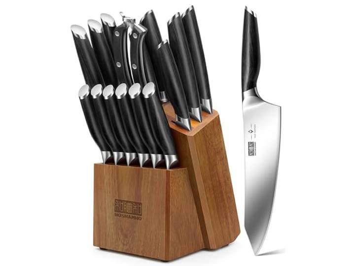 HOSHANHO 16-Teilige Messerblock Set, Ultrascharfes Messerset Kochmesserset Küchenmesserset aus Pulverstahl mit Hohem Kohlenstoffgehalt, Messerset mit Schärfer, Ergonomischer Griff aus Pakkaholz