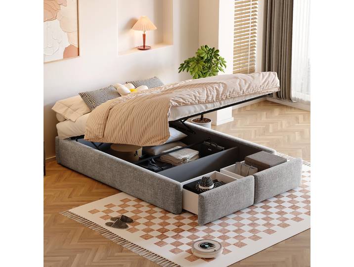 140 x 200cm lit rembourré\, lit plateforme\, lit rembourré sans tête de lit\, avec support hydraulique et 2 tiroirs\, gris