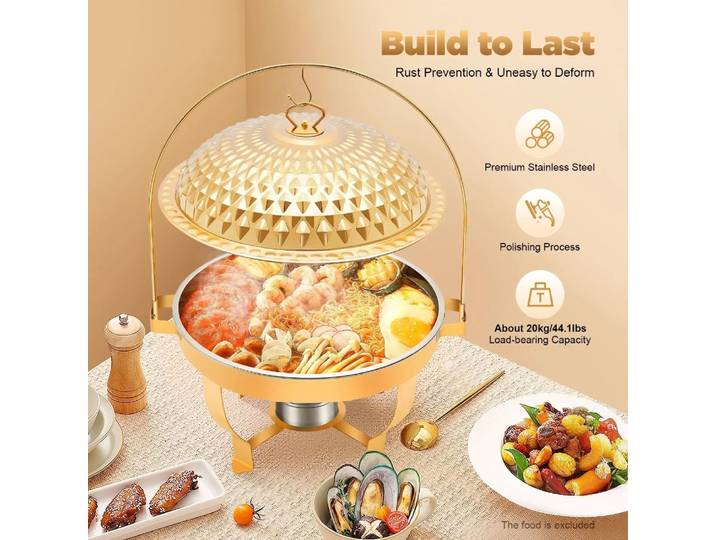 Plats de service, ensemble de réchauds de buffet ronds en acier inoxydable avec couvercle et support en verre, ensembles de chauffe-plats et de services de buffet
