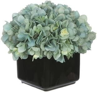 House of Silk Flowers Faux Hydrangea in Small Black Cube Ceramic Vase