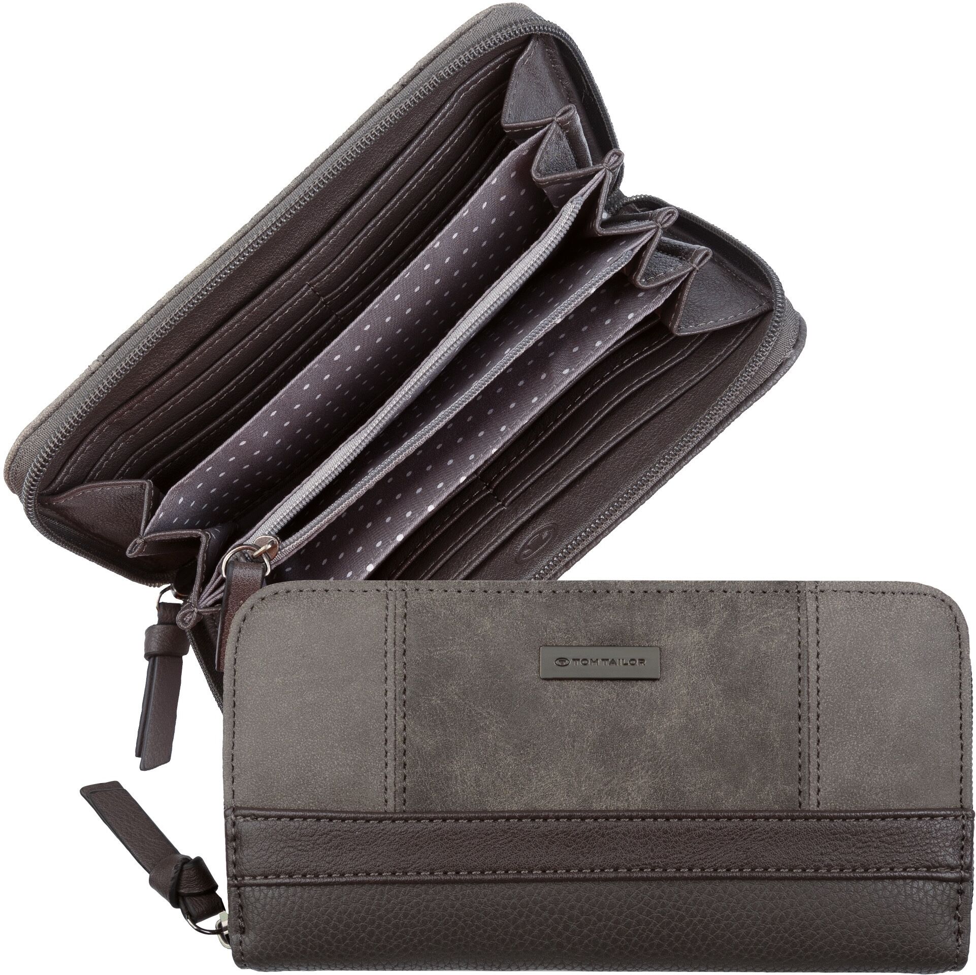 Geldbörse TOM TAILOR "Juna", Damen, grau, Polyurethan, gepflegt, kontrastfarbene Details, mehrfarbig, Kleinlederwaren Geldbörse, aus soft genarbtem ledrigen Material mit glänzenden Metall-Accessoires grau Einheitsgröße