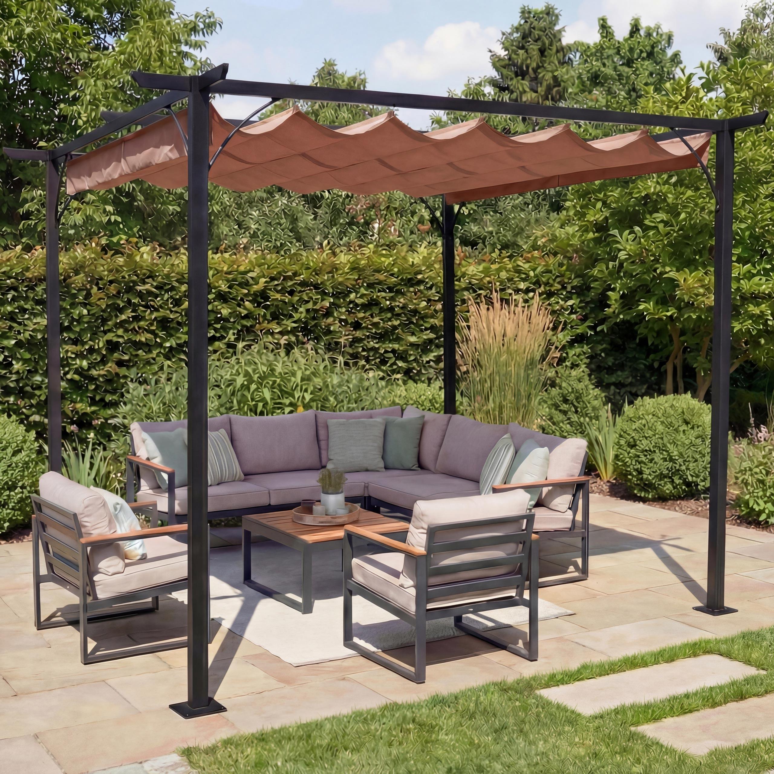 Pergola HWC-C42, Garten Pavillon, stabiles 6cm-Gestell + Schiebedach 3,5x3,5m taupe-braun