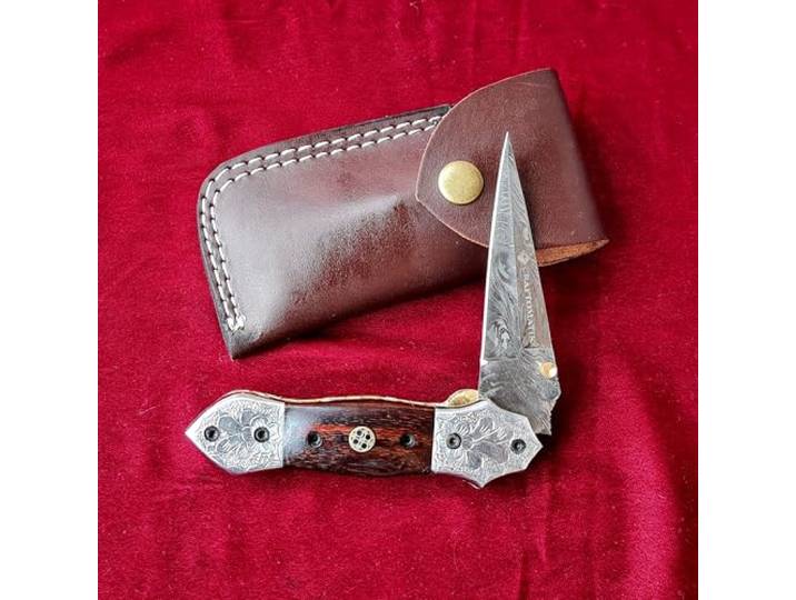 CRAFTOMATIK Gravierte Damast Stahl Taschenmesser Gravierte Blume Klappmesser Rosenholz, Gravierte Edelstahl, Messing, Mosaik Stift Griff Handgefertigt Outdoor Damastmesser Camping Messer FK46