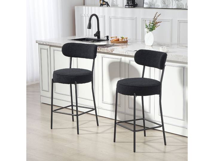HOMCOM Lot 2 Tabourets Bar Tissu Bouclette Noir avec Dossier