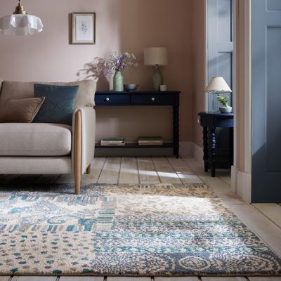 Wollteppich FLAIR RUGS "Eloise Patchwork", blau, B:120cm H:8mm L:170cm, Wolle, Teppiche, reine Wolle, handgetuftet, Patchwork Design, Wohnzimmer, Schlafzimmer