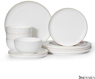 Dinewares Perlaceo Luxurious Collection of White with Gold Rim Bone China Dinnerware Set - Lightweight and Durable - Service for 4 or 8