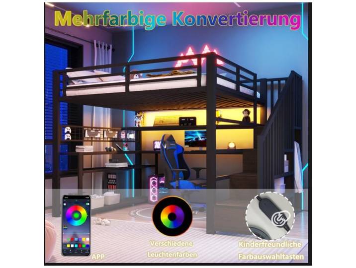 Lit Mezzanine 1 Place en métal avec LED et armoire Lit mezzanine gaming 90x200 pour gaming avec bureau et rangements Noir