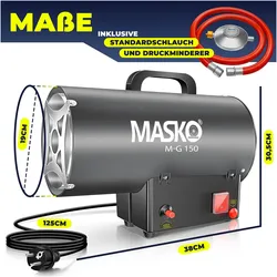 Masko Gasheizgebläse Heizkanone mit Gasschlauch & Druckminderer, Heizlüfter, Grau