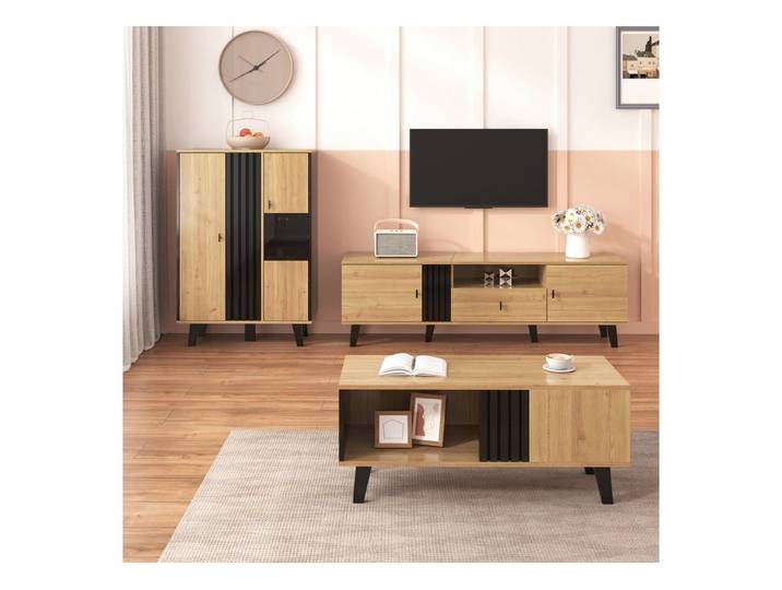 Fine Life Pro Couchtisch Wohnzimmerset: Couchtisch+TV-Schrank+Sideboard, Holz/Schwarz, Viel Stauraum, modernes Design, stilvolle Eleganz für jedes Zuhause.