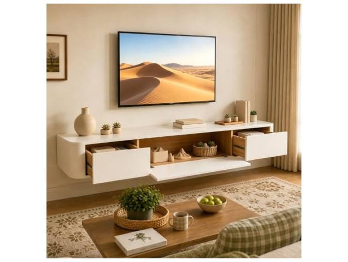 KSYGINXD Schwebende TV Schrank 160cm Weiß, Modern TV Lowboard Hängend, TV Board Hängend mit 2 Schubladen 1 Klappen Türen & Kabelmanagement, für Wohnzimmer und Esszimmer