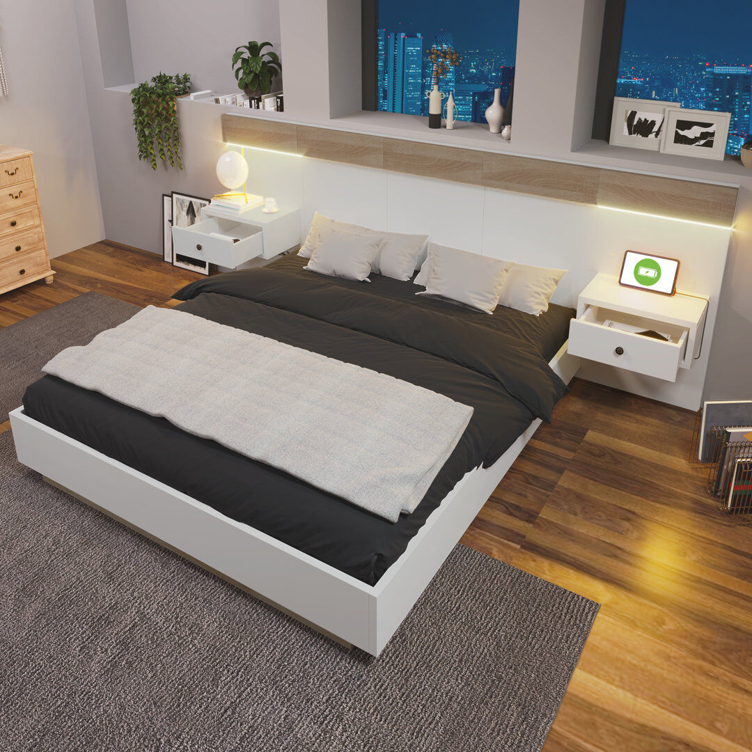Brayden Studio Bed Set With 2 Led Nightstands & Usb Port White European Kingsize (160 x 200 cm)