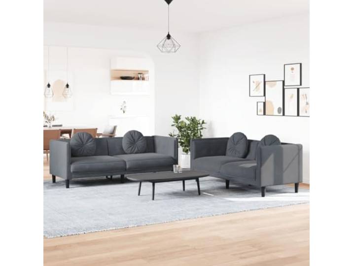 HEFZGDB 2-TLG. Sofagarnitur mit Kissen Dunkelgrau Samt - Weiches Samtsofa mit gepolsterten Armlehnen für modernes Wohnzimmer, runde Zierkissen und stabile Stützbeine für Komfort