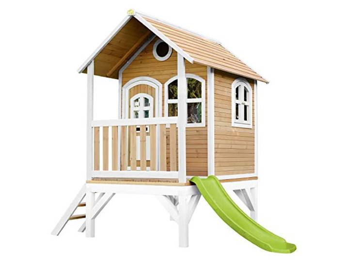AXI Tom Spielhaus aus Holz in Braun & Weiß mit Hellgrüner Rutsche Kinderspielhaus, Stelzenhaus mit Veranda & Rutsche für Kinder, FSC Holz, Podesthöhe 58 cm