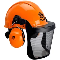 3M G3000 Kopfschutz-Kombination 3MO315J in Orange mit H31P3E Kapseln, Ratschensystem, Visier 5J Ätzmetall, Leder-Schweißband, KWF-Logo