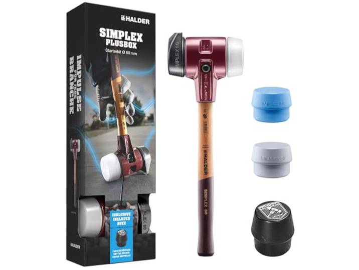 HALDER-Plusbox Starterkit, SIMPLEX-Schonhammer D80, Gummikomposition mit Standfuß/Superplastik sowie je ein TPE-soft und TPE-mid Schlageinsatz plus Flaschenöffner 3027s025