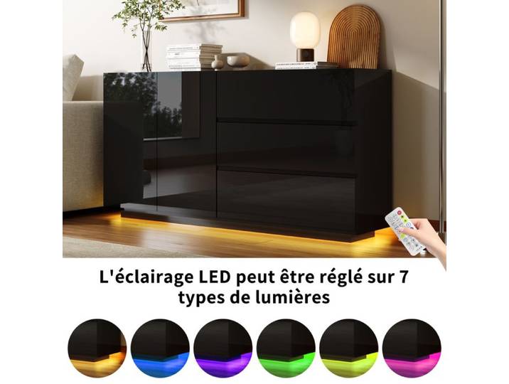 Armoire de cuisine - RAVAS - Commode 3 tiroirs Multifonctionnel en MDF avec 2 Portes et LED Réglable - Buffet - 160x35x76cm - Noir