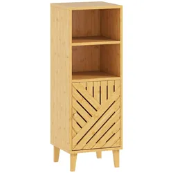 HOMCOM Badezimmer-Schrank schmal freistehend Bambustür offene Fächer 32x30x90cm Naturholz-Finish