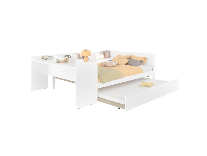 Flieks Flachbett 140x200cm Weiß Holz Schreibtisch Rollbett Regale, 140x200 cm, Schlafzimmer, Betten