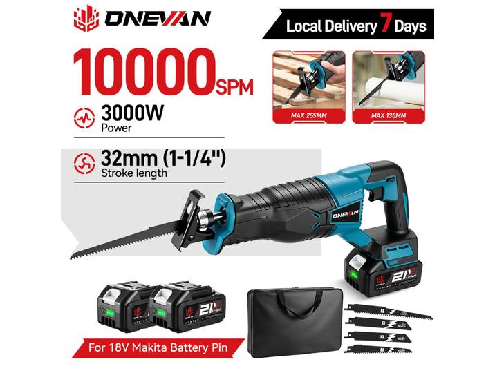 Scie sauteuse électrique ONEVAN 3000W 10000SPM, scie à chaîne électrique, scie sabre, outil portable sans fil compatible avec batterie Makita 18V.