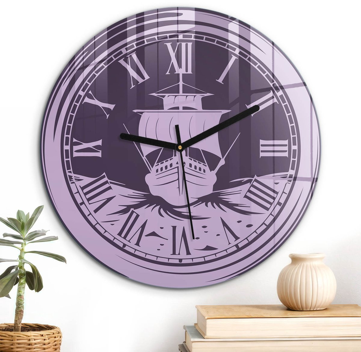 ArtPrintCave Paarse Glazen Wandklok - Ronde Retro Muurklok met Zwarte Wijzers - Diameter: 30 cm