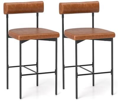 Costway 26 Inch Upholstered Bar Stools Set of 2 Counter Height Bar Chairs with Backrest-Brown