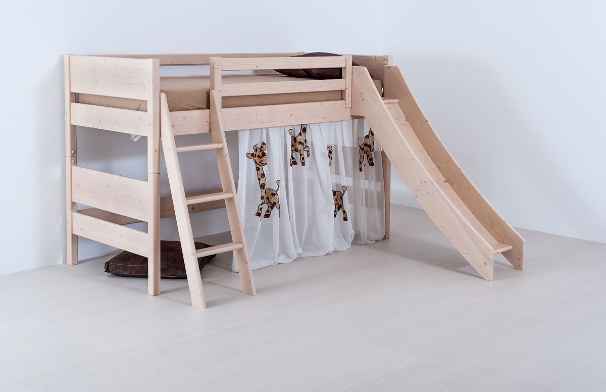 Kinder-Hochbett Castello 140x200 cm Buche Natur lackiert mit Leiter und Rutsche