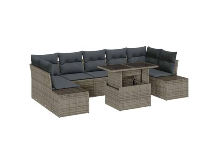 8er Set Gartensofas Grau aus Polyrattan und Glastisch UV Beständig, verstellbarer Tisch, abnehmbare Bezüge, Maschinenwäsche, modernes Design