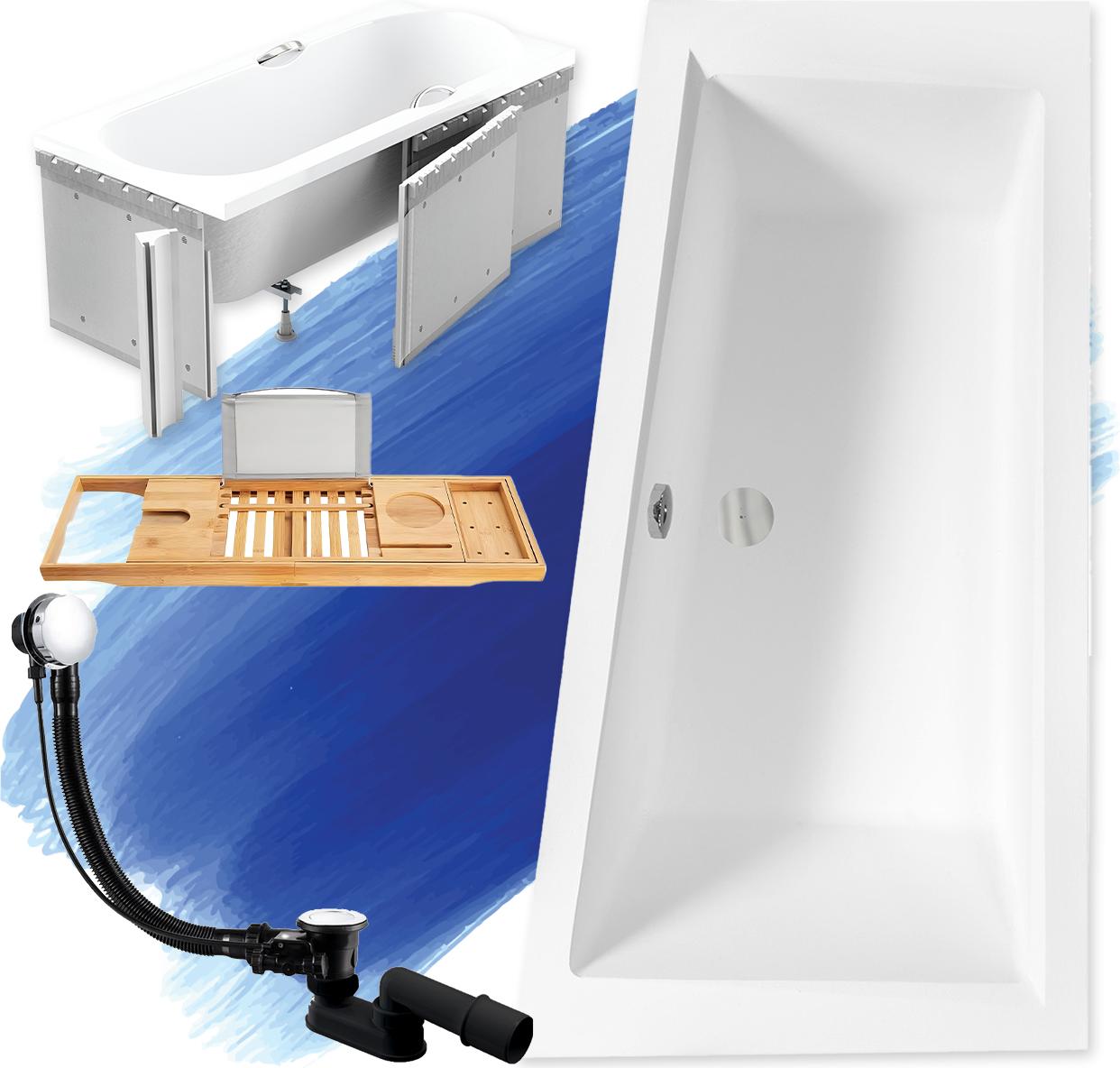 Badewanne Eckwanne Set 5in1 150x85 Rechts + Styroporverkleidung + Bambus Holzablage | BADLAND INTIMA