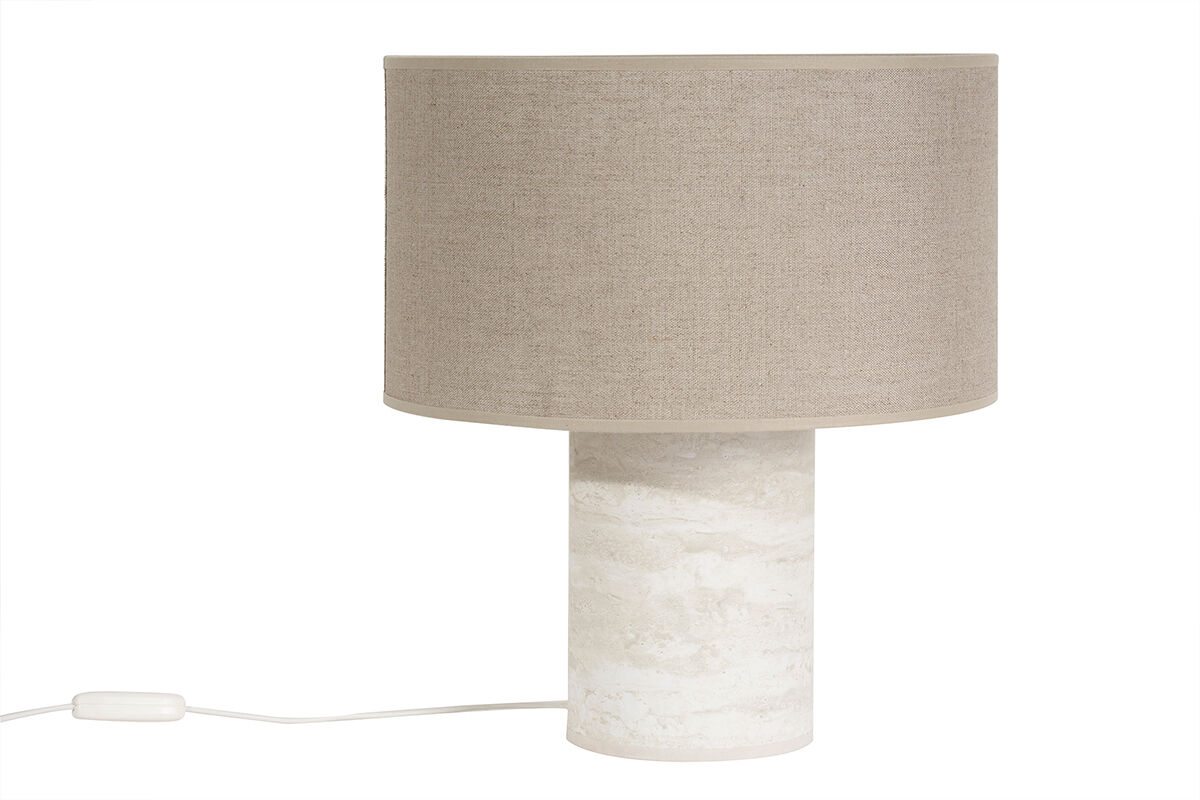 Miliboo Design-Tischleuchte mit Travertin-Effekt und Leinenschirm H37 cm SEMA