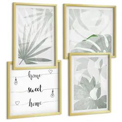 BILDER SET 4er Set - 50x50 cm & 40x60 cm Goldrahmen - Die Blätter der Pflanzen sind grünlich-grau.