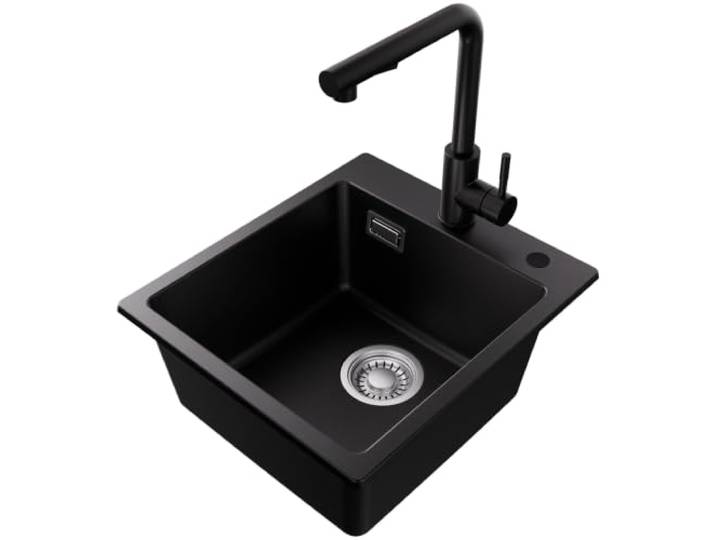 Küchenspüle 40×45 cm Schwarz Granit mit ausziehbarer Küchenarmatur, Einbauspüle 1 Becken Spüle Küche mit Wasserhahn