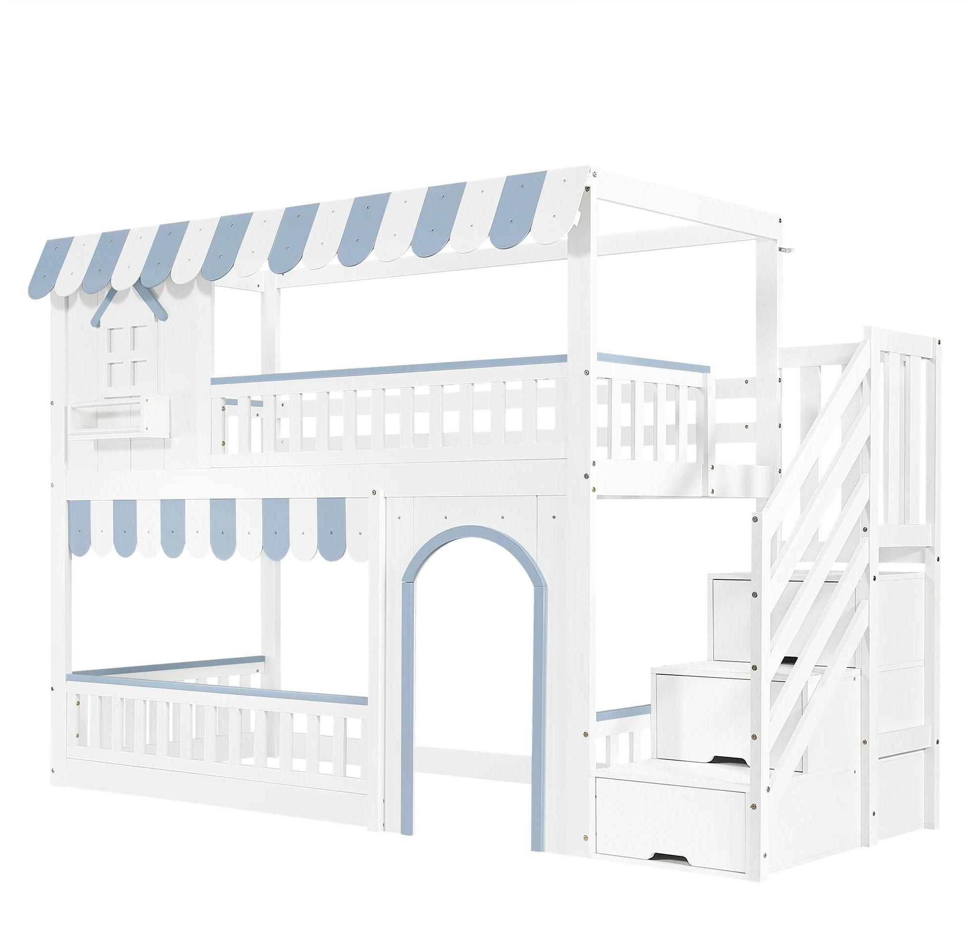 Kinder Etagenbett - Bettrahmen aus Holz - Mit Treppe und Stauraumschrank - Fenster-Design und dekorative Details - Maße 90 x 200 cm - Blau
